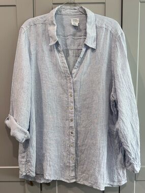 Sigrid Olsen Light Blue and White Striped Linen Top